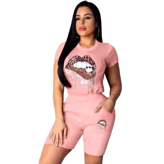 Women Two Pieces Sets Summer Tracksuits Mouth Print Tee Tops Shorts